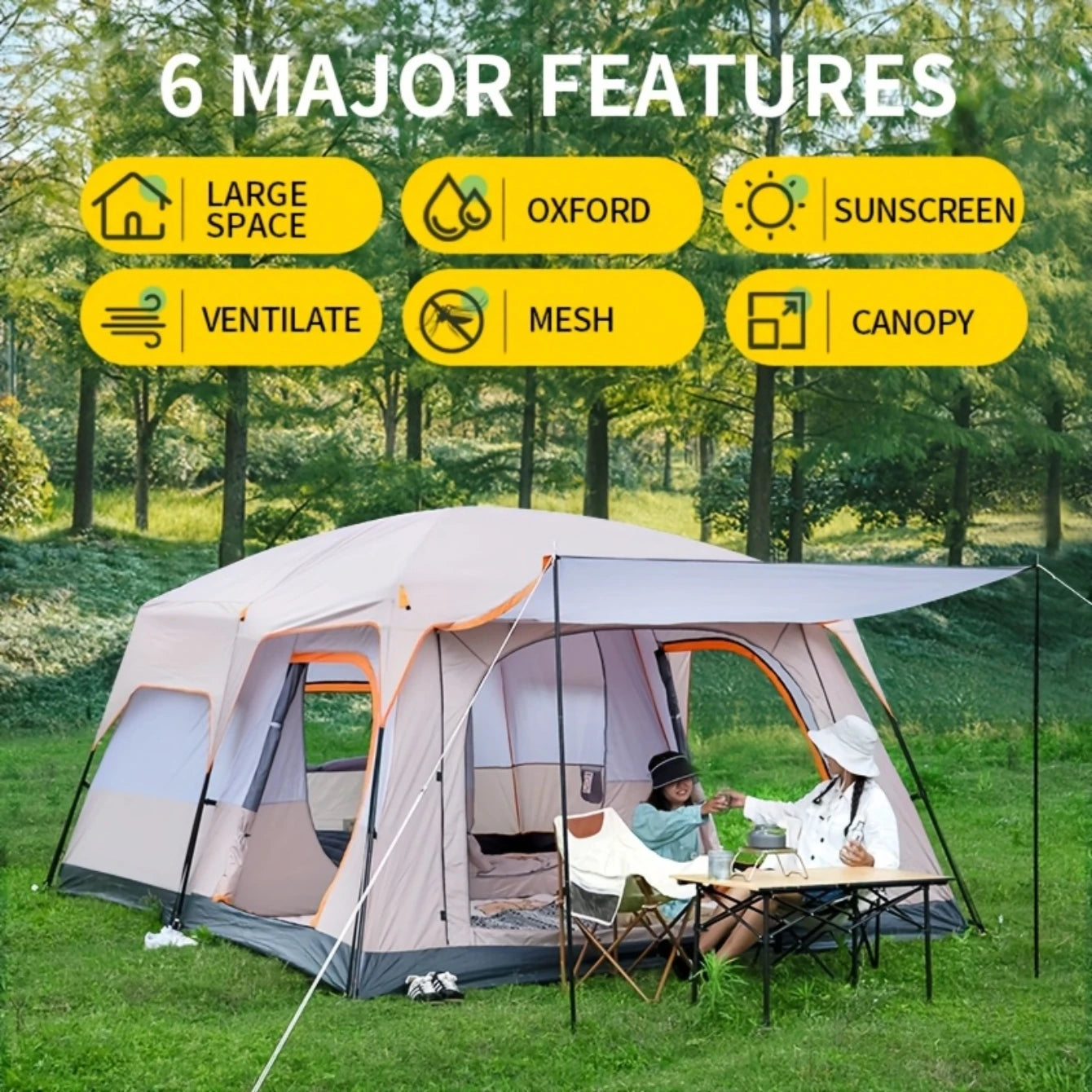 5-8 Person Camping Tent 2 Bedroom 1Hall  Double Layers Oversize Thickened Rainproof Tent Outdoor Family Camp Tour Equipment