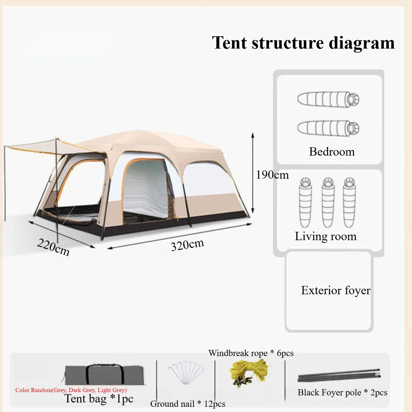 5-8 Person Camping Tent 2 Bedroom 1Hall  Double Layers Oversize Thickened Rainproof Tent Outdoor Family Camp Tour Equipment
