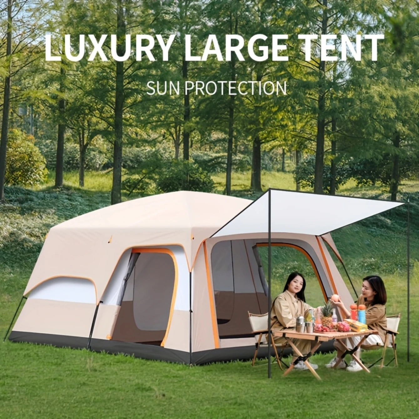 5-8 Person Camping Tent 2 Bedroom 1Hall  Double Layers Oversize Thickened Rainproof Tent Outdoor Family Camp Tour Equipment