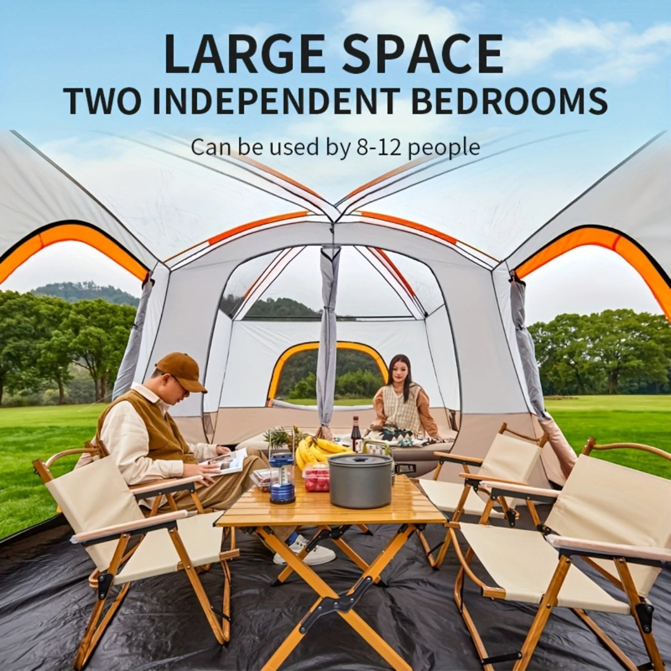 5-8 Person Camping Tent 2 Bedroom 1Hall  Double Layers Oversize Thickened Rainproof Tent Outdoor Family Camp Tour Equipment